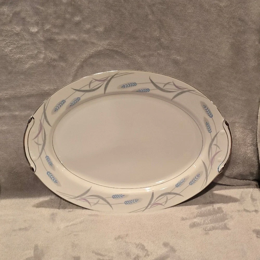 Valmont China Royal Wheat Oval Serving Platter Silver Trim Japan Blue Gray Wheat